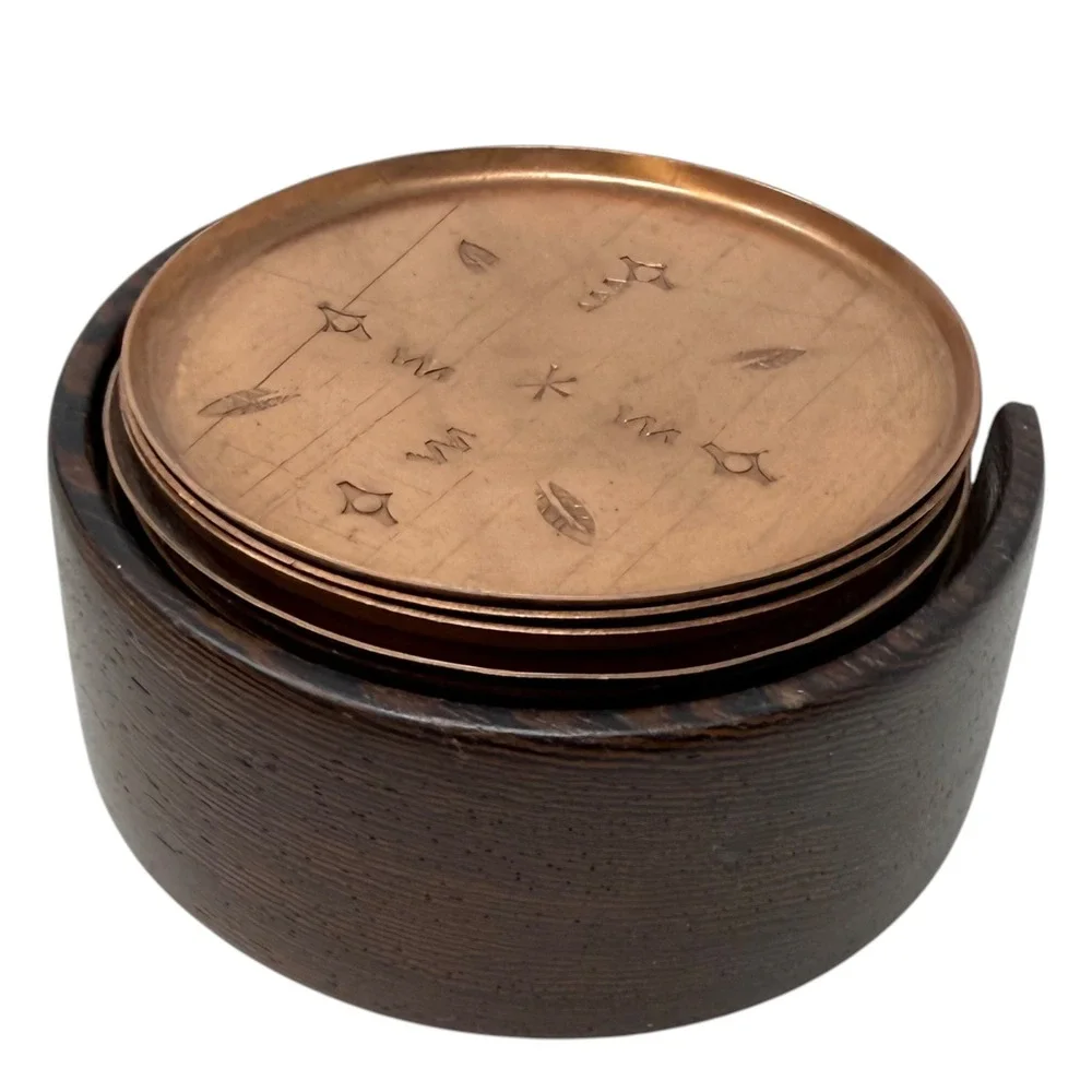Unbranded Copper Coasters Set 16 Wood Caddy Brown Good Hand Stamped Etched MCM